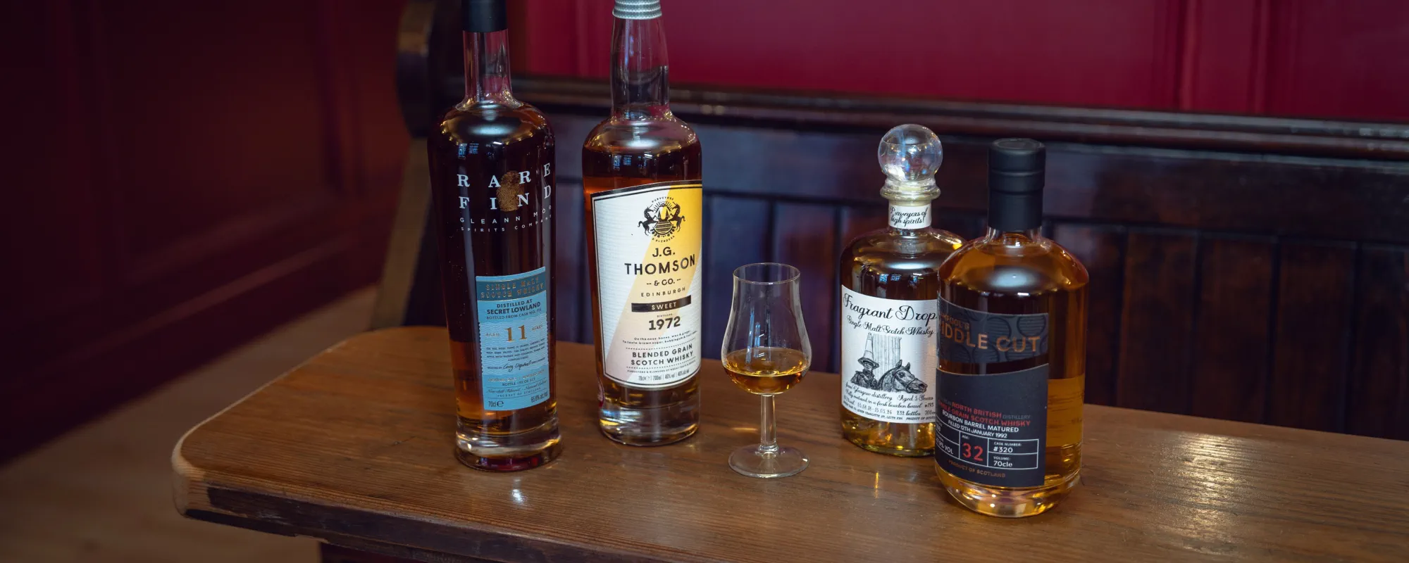 A selection of fine Scottish malt whiskies at Le Petit Raisin